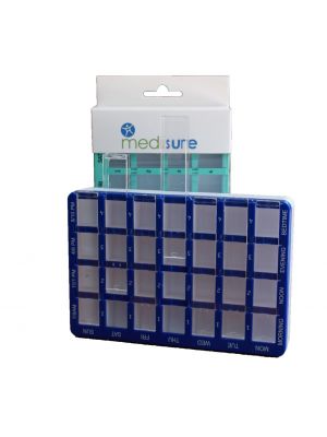 PILL ORGANISER SLIDE COVER 28 COMPARTMENT BLUE/GREEN 